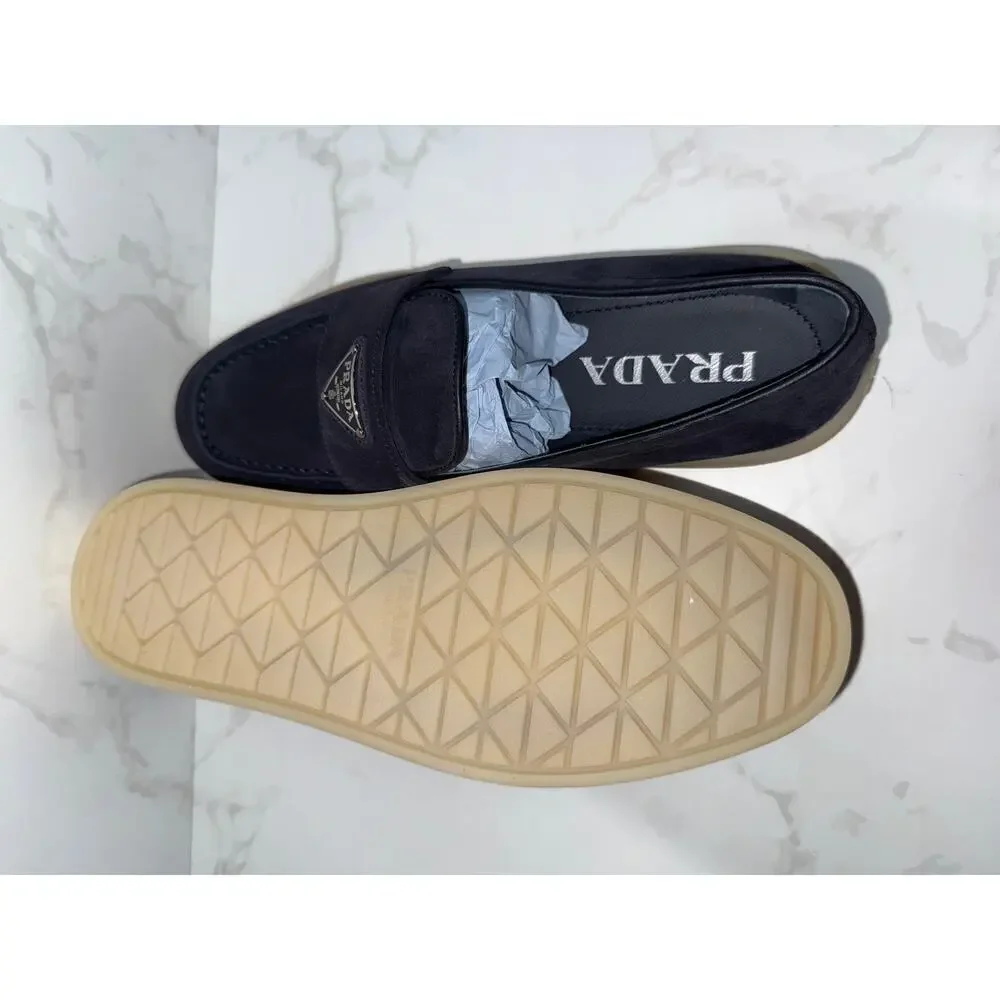 Prada Triangle Logo Suede Loafers Navy Blue 37.5